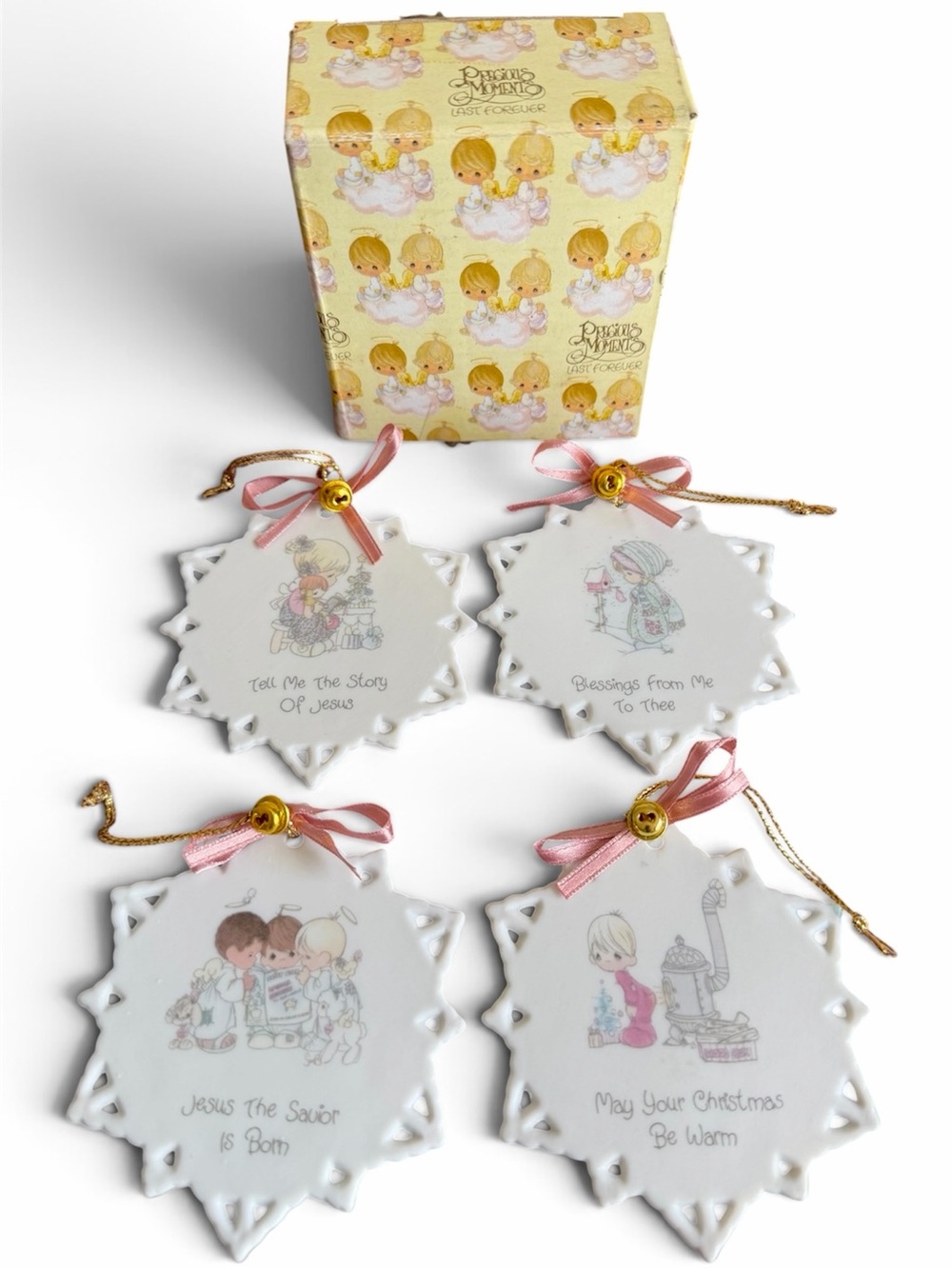 Vintage 1990 Precious Moments Enesco Snowflake Christmas Ornaments Set of 4